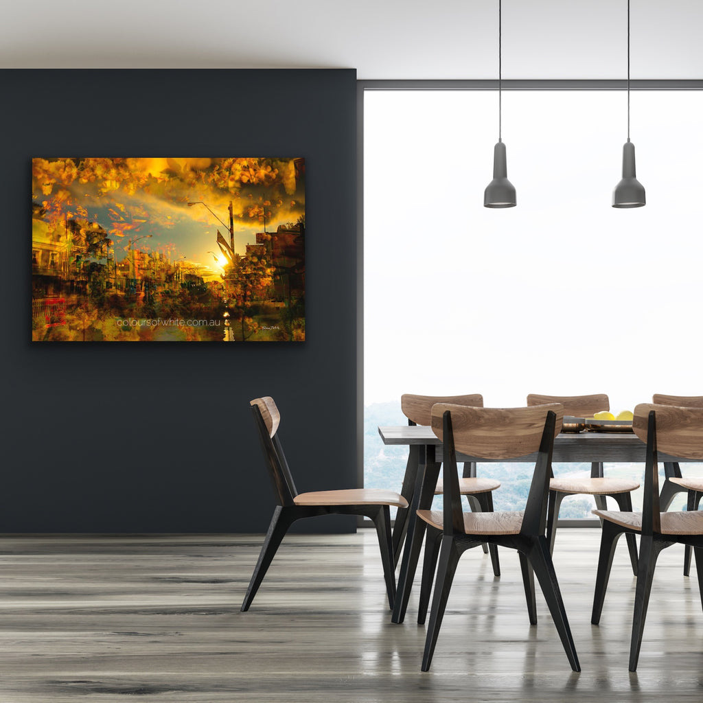 “Piper Street 3view” archival canvas print by Durham J White, featuring a layered photographic artwork of Kyneton's historic Piper Street in radiant ambers, glowing oranges, and earthy golden registers styled in a modern living space.