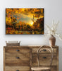“Piper Street 3view” archival canvas print by Durham J White, featuring a layered photographic artwork of Kyneton's historic Piper Street in radiant ambers, glowing oranges, and earthy golden registers styled in a neutral interior.