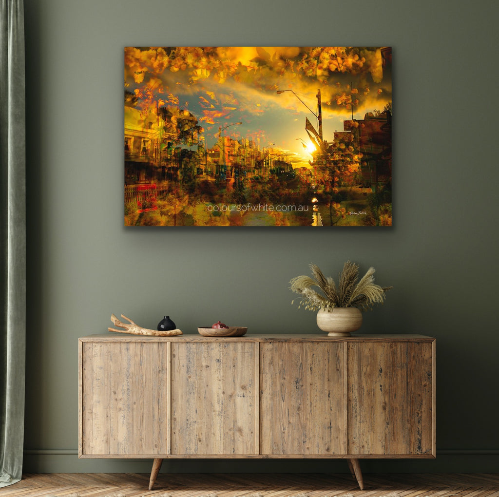 “Piper Street 3view” archival canvas print by Durham J White, featuring a layered photographic artwork of Kyneton's historic Piper Street in radiant ambers, glowing oranges, and earthy golden registers.