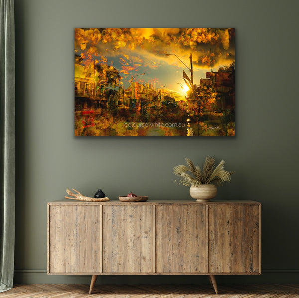 “Piper Street 3view” archival canvas print by Durham J White, featuring a layered photographic artwork of Kyneton's historic Piper Street in radiant ambers, glowing oranges, and earthy golden registers.