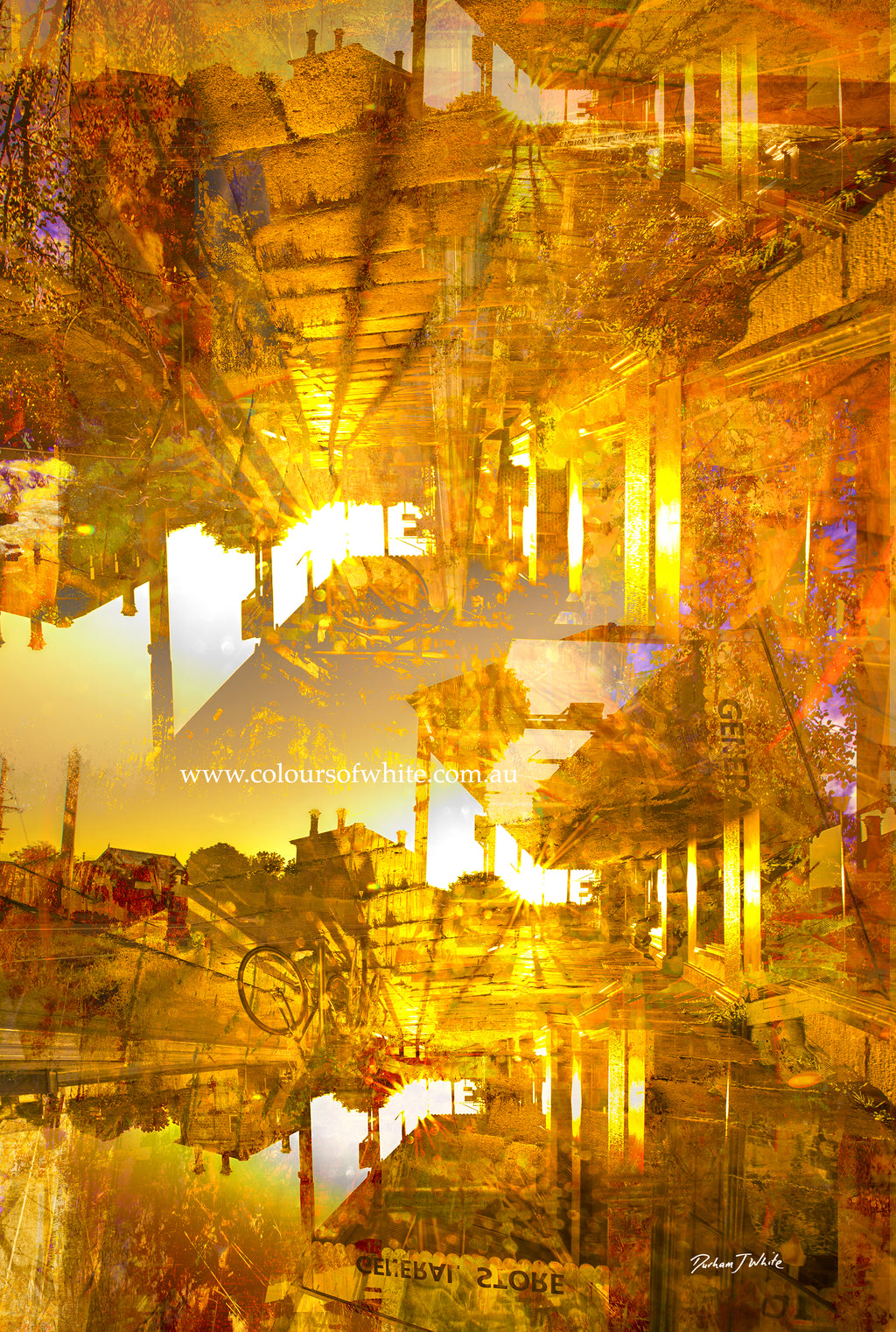 “Pyramids of the Historical Golden New” wall art by Durham J White, featuring a layered photographic artwork of Piper Street's historic landmarks in Kyneton in washed copper and golden tones.