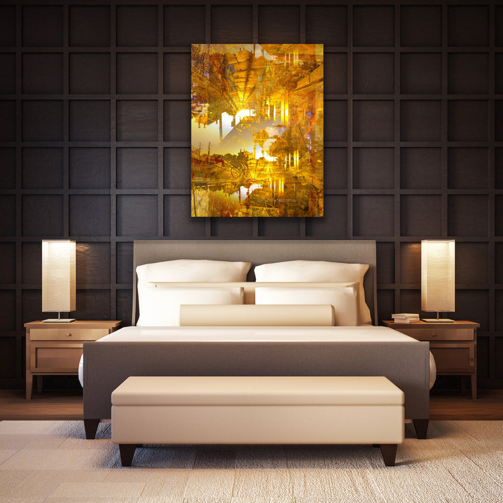 “Pyramids of the Historical Golden New” ChromaLuxe metal print by Durham J White, featuring a layered photographic artwork of Piper Street's historic landmarks in Kyneton in washed copper and golden tones bedroom feature art.