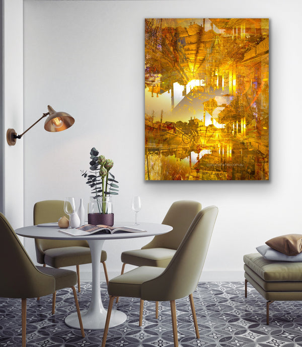 “Pyramids of the Historical Golden New” ChromaLuxe metal print by Durham J White, featuring a layered photographic artwork of Piper Street's historic landmarks in Kyneton in washed copper and golden tones. Styled in a contemporary dining space.