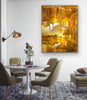 “Pyramids of the Historical Golden New” ChromaLuxe metal print by Durham J White, featuring a layered photographic artwork of Piper Street's historic landmarks in Kyneton in washed copper and golden tones. Styled in a contemporary dining space.