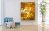 “Pyramids of the Historical Golden New” ChromaLuxe metal print by Durham J White, featuring a layered photographic artwork of Piper Street's historic landmarks in Kyneton in washed copper and golden tones styled in a minimalist large open living space.