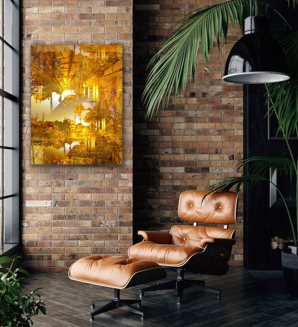 “Pyramids of the Historical Golden New” ChromaLuxe metal print by Durham J White, featuring a layered photographic artwork of Piper Street's historic landmarks in Kyneton in washed copper and golden tones styled in a modern industrial interior.