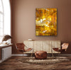 “Pyramids of the Historical Golden New” ChromaLuxe metal print by Durham J White, featuring a layered photographic artwork of Piper Street's historic landmarks in Kyneton in washed copper and golden tones styled in a modern earth toned interior.