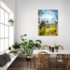 “Quaint” archival canvas print by Durham J White, featuring a layered photographic artwork of Trentham rooftops and chimneys in soft sky blues, crisp whites, and deep garden greens beneath a luminous sky.