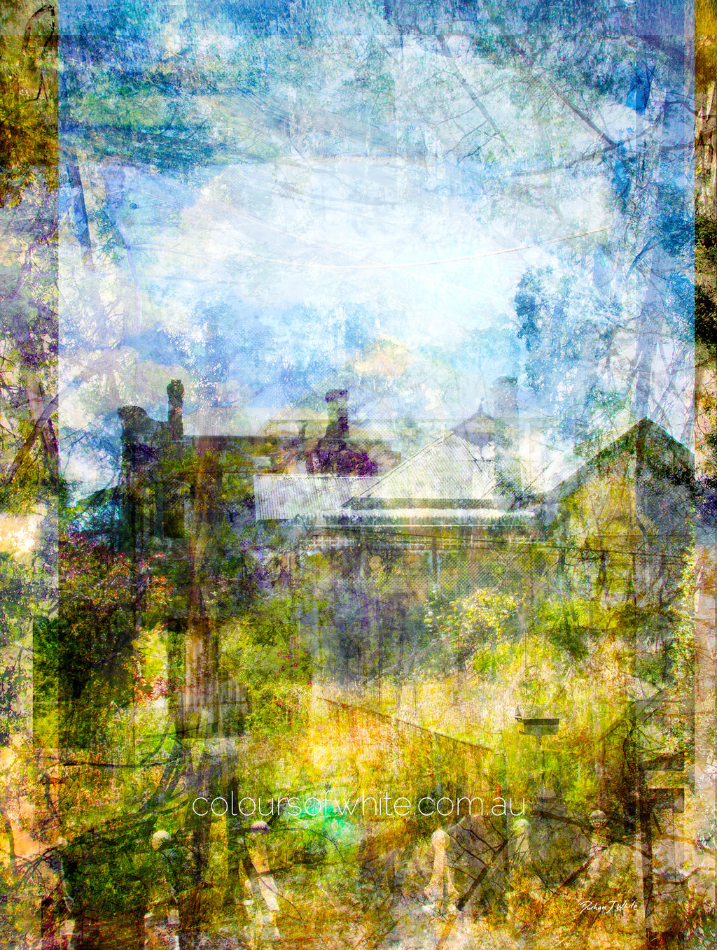 “Quaint” archival canvas print by Durham J White, featuring a layered photographic artwork of Trentham rooftops and chimneys in soft sky blues, crisp whites, and deep garden greens beneath a luminous sky.