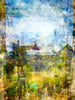 “Quaint” archival canvas print by Durham J White, featuring a layered photographic artwork of Trentham rooftops and chimneys in soft sky blues, crisp whites, and deep garden greens beneath a luminous sky.