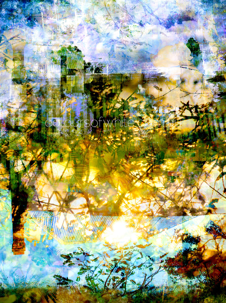 “Rebirth” archival canvas print by Durham J White, featuring abstract blue and warm neutral tones with a luminous, mystical central light.