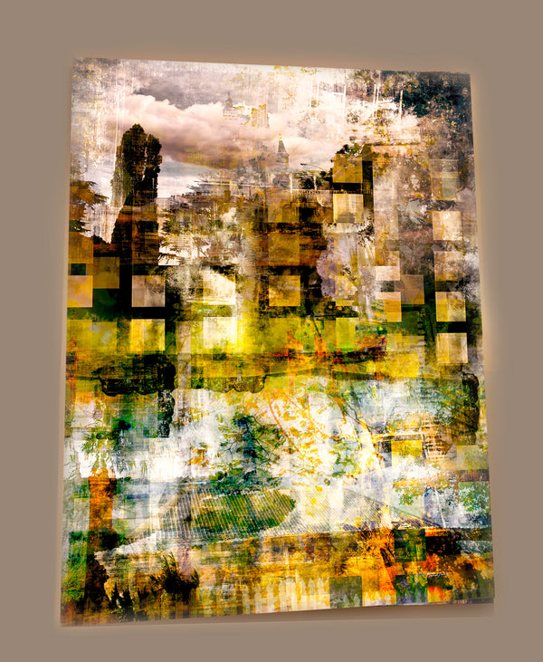 “Rejuvenation” archival canvas print by Durham J White, featuring a layered photographic artwork of Kyneton with lime and chartreuse greens, butterscotch yellows, and a monochrome vintage skyline.
