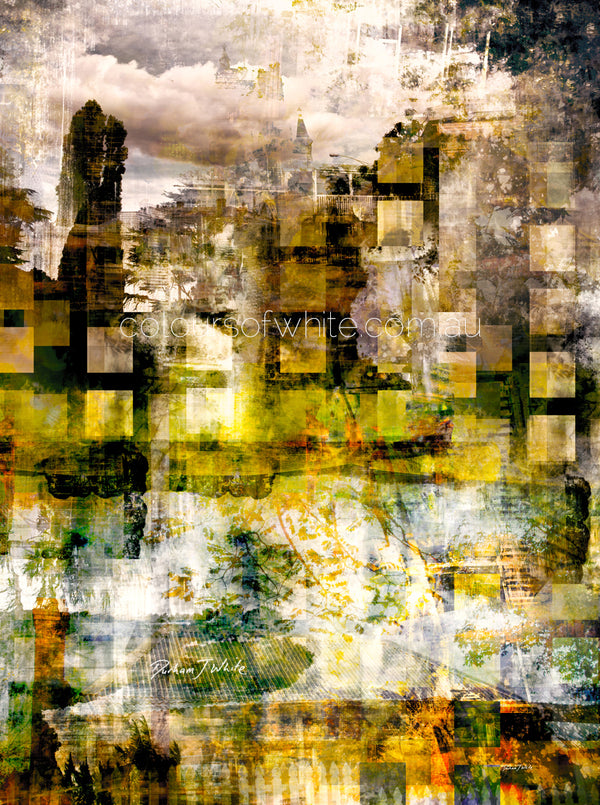 “Rejuvenation” archival canvas print by Durham J White, featuring a layered photographic artwork of Kyneton with lime and chartreuse greens, butterscotch yellows, and a monochrome vintage skyline.