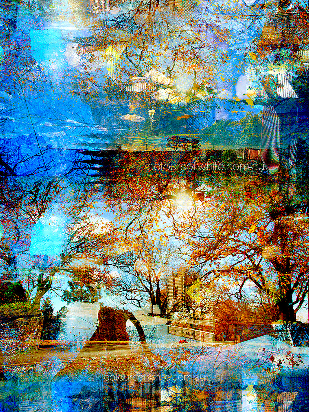 “Reminiscing” archival canvas print by Durham J White, featuring a layered photographic artwork of Glenlyon with cornflower blues, autumn reds, evoking a dreamlike Japanese landscape with white cloud snow-cap illusions and cherry blossom pink tones.