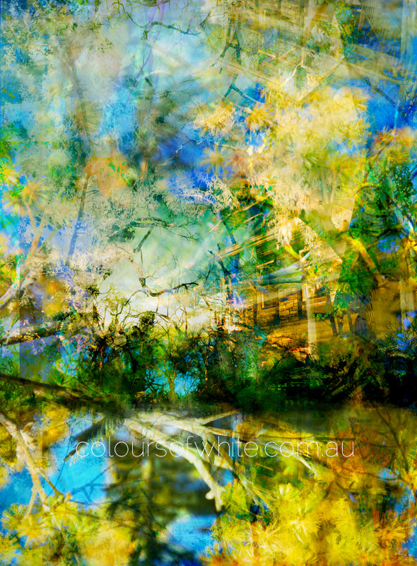 “River of Dreams” artwork by Durham J White, featuring a layered photographic artwork of Piper Street's historical College and BlackHill Reserve in Kyneton in deep blues and luminous golden tones.