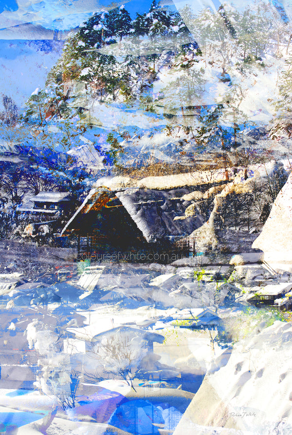 Snow Caps – Japan winter landscape by Durham J White. Snow-capped straw thatched huts in an immersive icy blue palette with warm earthy brown tones.