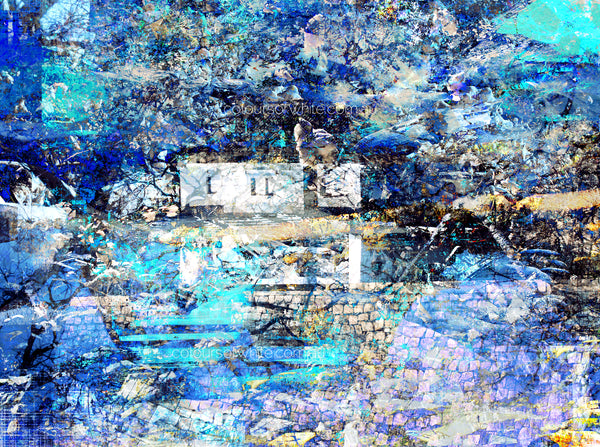 The Castle in the Snow – Japan winter landscape by Durham J White. Subtle Japanese castle architecture emerging through electric blue, cobalt and teal layering with gold and lavender tones.