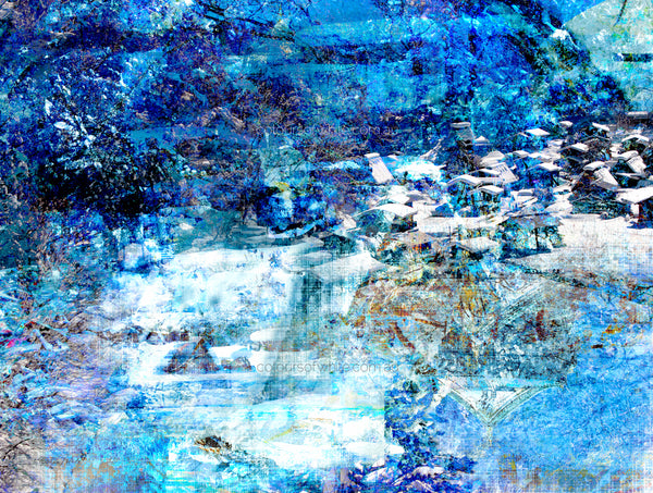 The Depth of the Huts – Japan winter landscape by Durham J White. Snow-covered huts receding into a layered atmospheric composition of cool whites, soft blues and warm ochre undertones.