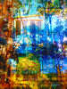 “The Garden Between” archival canvas print by Durham J White, featuring a layered photographic artwork of a heritage cottage framed by russet, amber, ochre, and deep cobalt blue palette.