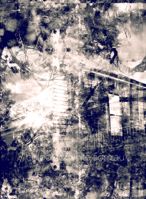 “The Puzzle” artwork by Durham J White, featuring a monochromatic layered photographic artwork of Kyneton's historic architectural forms in velvet blacks, crisp whites, and subtle sepia undertones.