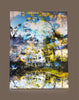“The Rise” archival canvas print by Durham J White, featuring a layered photographic artwork of Kyneton's Royal George Hotel reflected in an illusionary waterbody, in pristine sky blues, deep architectural shades, and natural surrounds.
