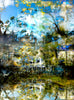 "The Rise" artwork by Durham J White, featuring a layered photographic artwork of Kyneton's Royal George Hotel reflected in an illusionary waterbody, in pristine sky blues, deep architectural shades, and natural surrounds.