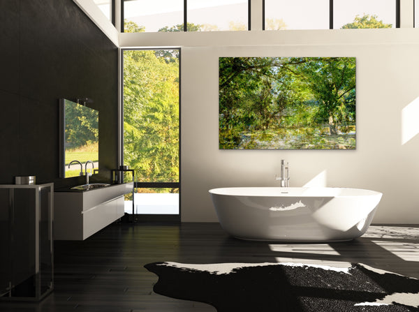 “The Water Coloured Grounds” archival canvas print by Durham J White, featuring a layered photographic artwork of the Australian countryside with lush meadow greens, warm earth tones, and a soft painterly finish. Presented in large format in spacious open bathroom with lots of natural light.