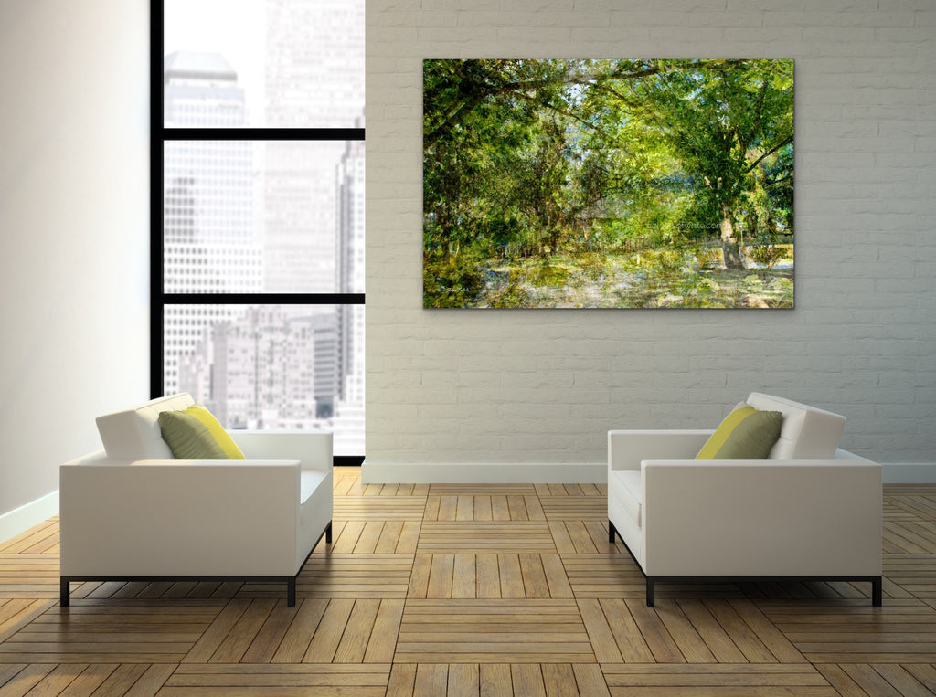 “The Water Coloured Grounds” archival canvas print by Durham J White, featuring a layered photographic artwork of the Australian countryside with lush meadow greens, warm earth tones, and a soft painterly finish.  Featured in high-rise city apartment.