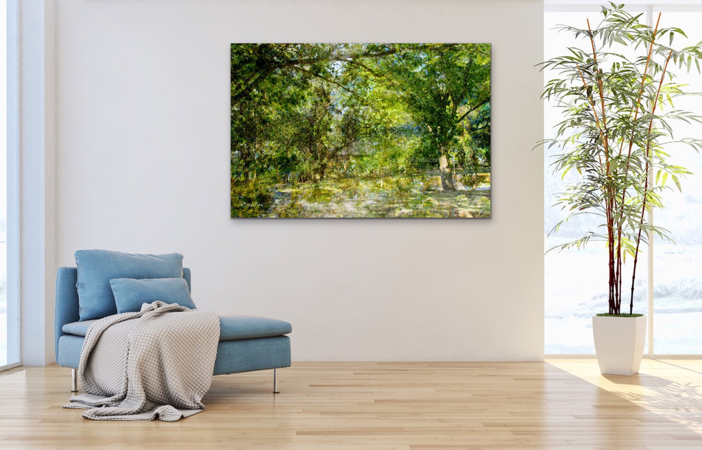 “The Water Coloured Grounds” archival canvas print by Durham J White, featuring a layered photographic artwork of the Australian countryside with lush meadow greens, warm earth tones, and a soft painterly finish. Large format artwork in open natural living space.