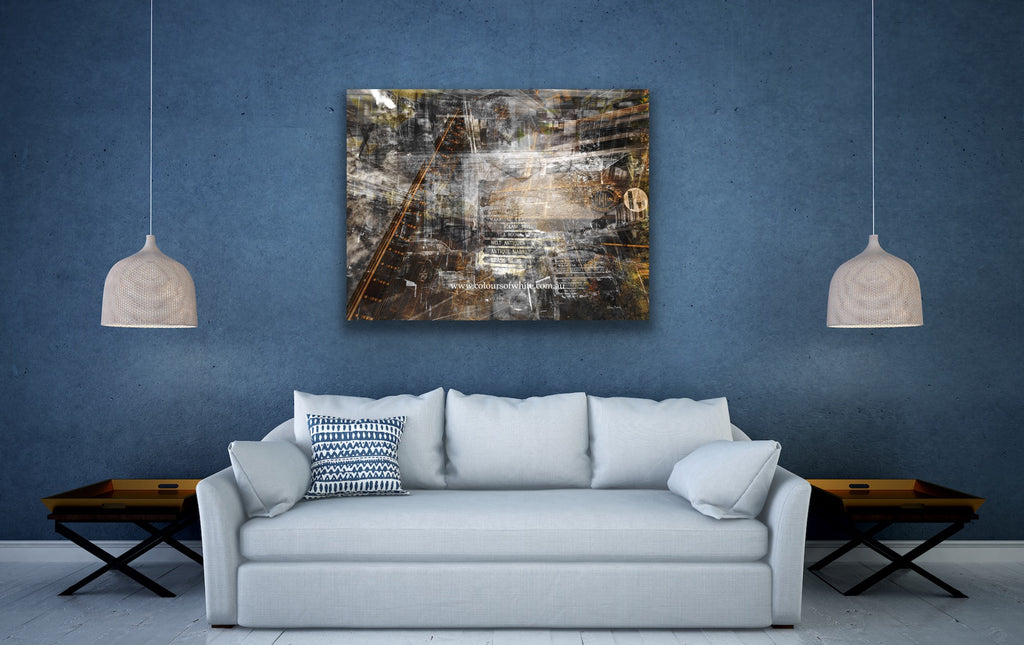 “Vintage” ChromaLuxe metal print by Durham J White, featuring a monochromatic layered photographic artwork of Kyneton's historic Piper Street with warm copper undertones and industrial structural details.