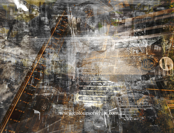 A black and white layered photographic artwork featuring a blurred industrial scene with historical buildings, predominantly in shades of gray, copper tones, and varying perspectives.