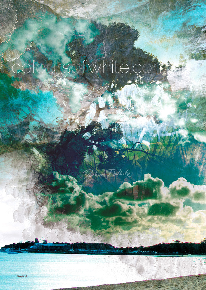 What Looms… Corals in the Sky” artwork by Durham J White, featuring a minimalist coastal landscape under a dramatic, coral-hued atmospheric storm sky.