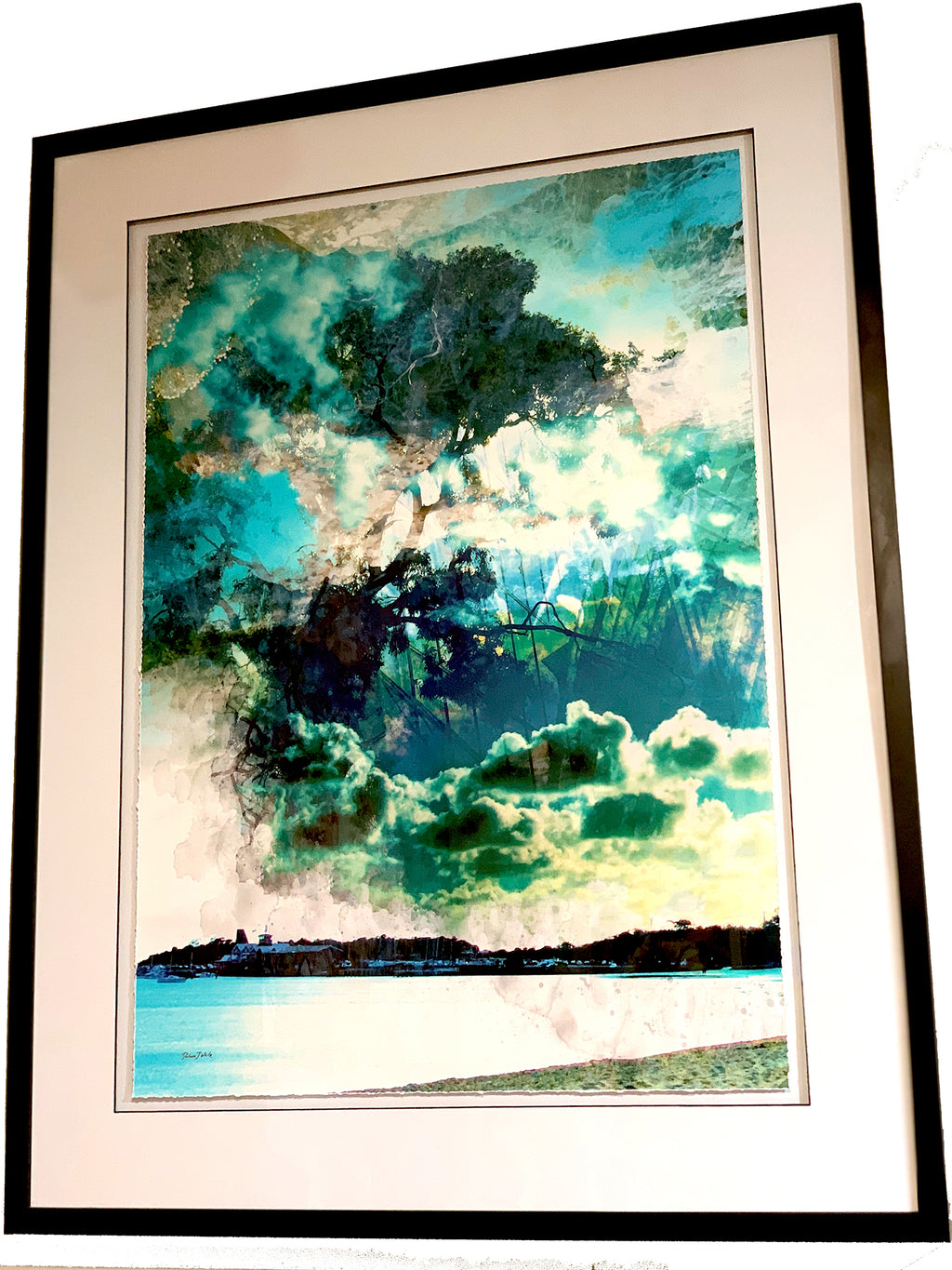 What Looms… Corals in the Sky” glass framed fine art print by Durham J White, featuring a minimalist coastal landscape under a dramatic, coral-hued atmospheric storm sky.