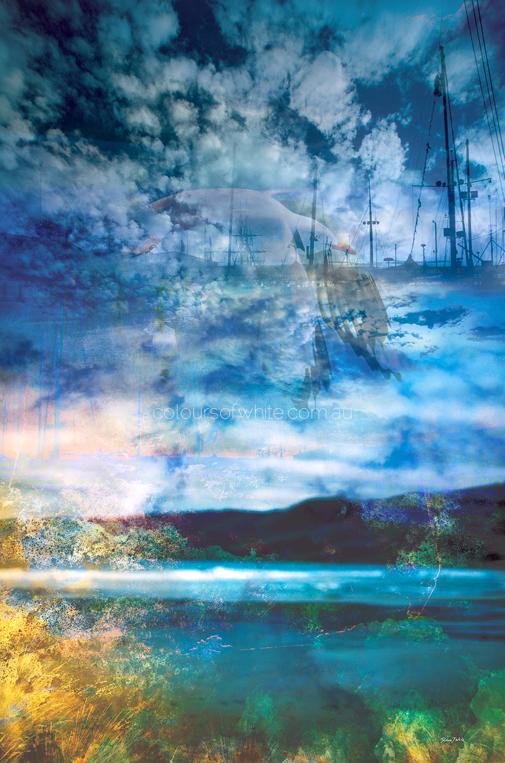 "What Looms… Smooth Sailing Between the Shores" archival canvas print by Durham J White, featuring a layered photographic artwork of the Great Ocean Road coastline with sea vessels, a bird in flight, deep oceanic blues and greens, and a golden coral seabed glow.