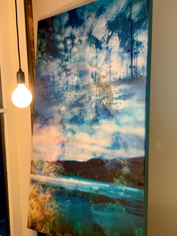 "What Looms… Smooth Sailing Between the Shores" archival canvas print by Durham J White, featuring a layered photographic artwork of the Great Ocean Road coastline with sea vessels, a bird in flight, deep oceanic blues and greens, and a golden coral seabed glow.