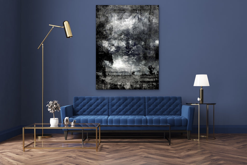 Etched — monochrome Victorian countryside landscape with epic sky, layered photographic canvas artwork by Durham J White. Featured in a stylish blue interior.