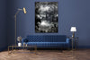 Etched — monochrome Victorian countryside landscape with epic sky, layered photographic canvas artwork by Durham J White. Featured in a stylish blue interior.