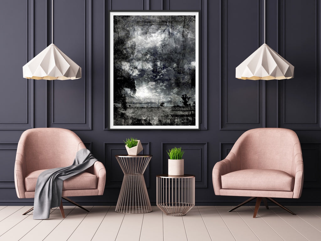 Etched — monochrome Victorian countryside landscape with epic sky, layered photographic glass framed fine artwork by Durham J White featured in a contemporary bold living space. 
