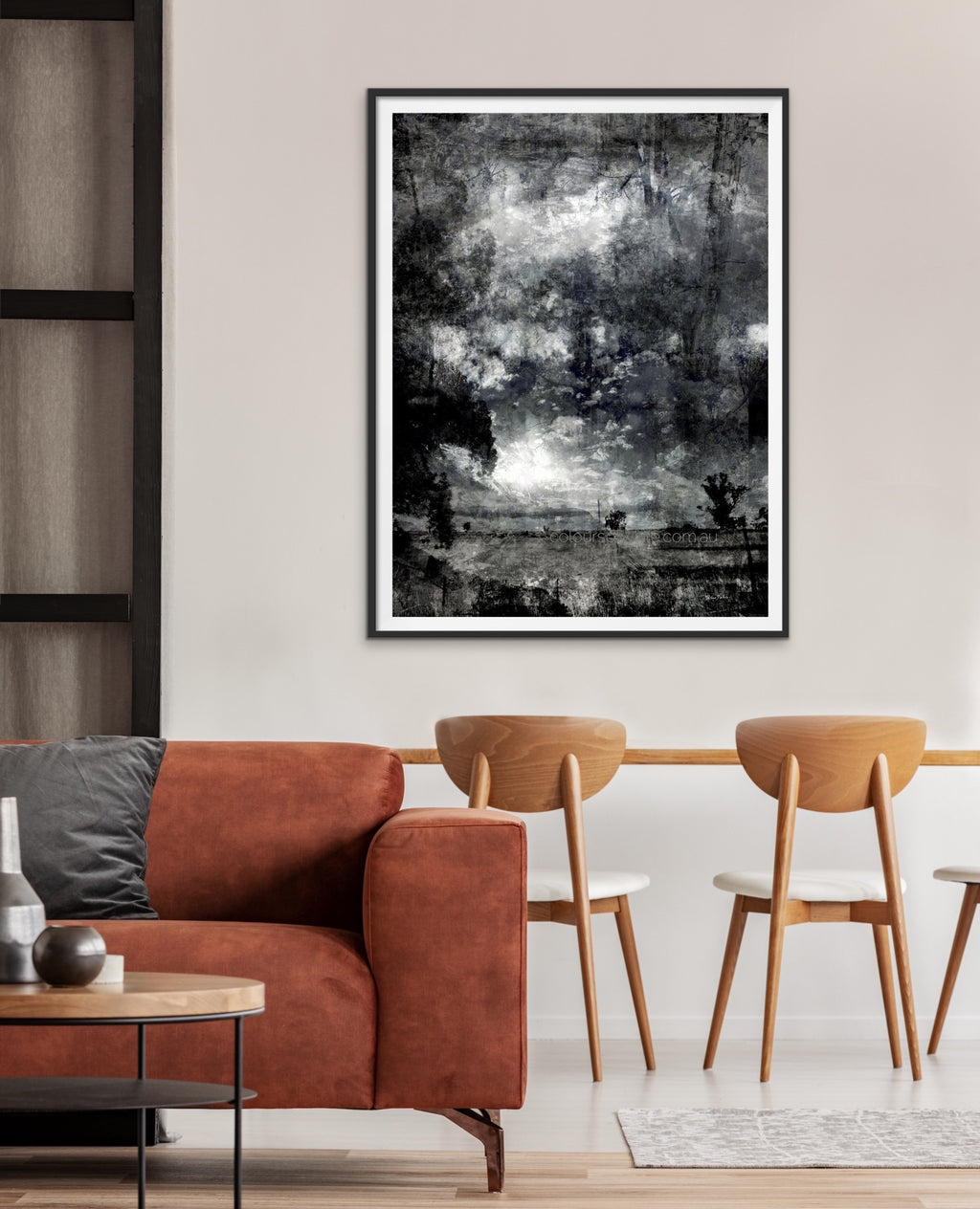 Etched — monochrome Victorian countryside landscape with epic sky, layered photographic canvas artwork by Durham J White in a Scandinavian design living room