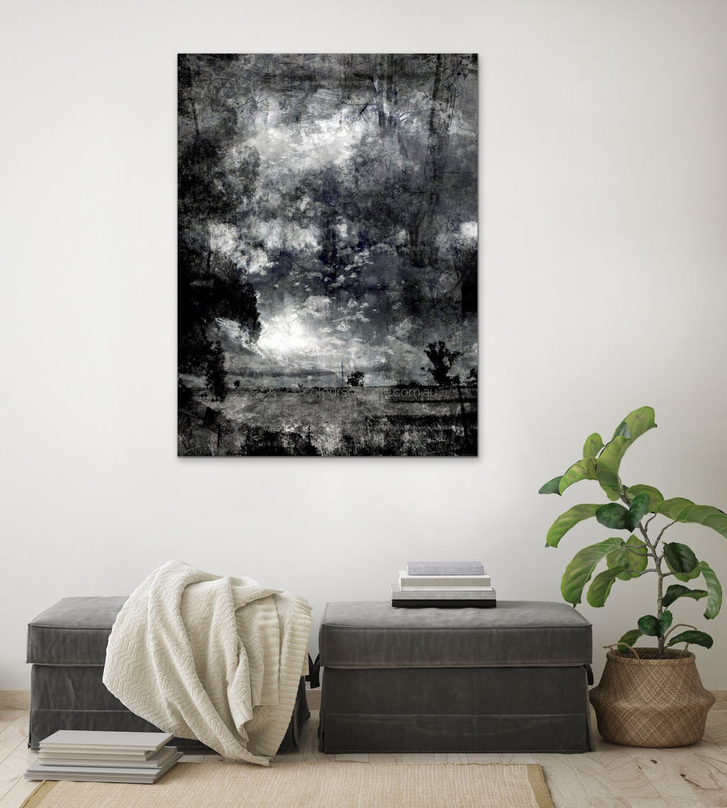 Etched — monochrome Victorian countryside landscape with epic sky, layered photographic canvas artwork by Durham J White featured in a refined relaxed modern living space.