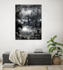 Etched — monochrome Victorian countryside landscape with epic sky, layered photographic canvas artwork by Durham J White featured in a refined relaxed modern living space.