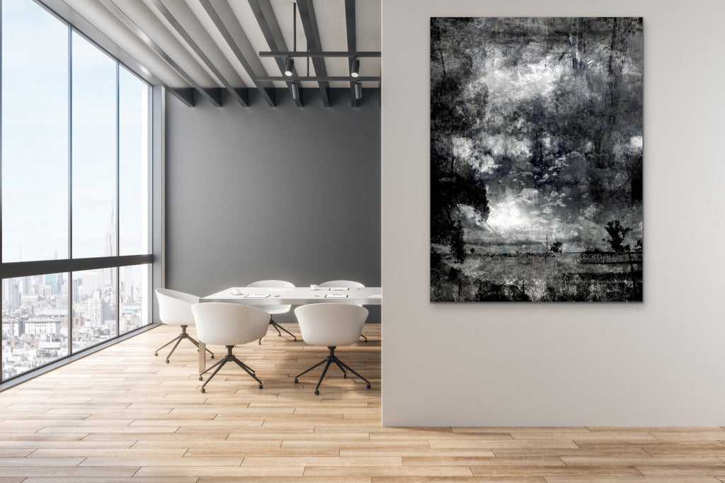 Etched — monochrome Victorian countryside landscape with epic sky, layered photographic canvas artwork by Durham J White. Featured in a modern apartment skyrise apartment open living space.