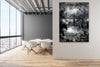 Etched — monochrome Victorian countryside landscape with epic sky, layered photographic canvas artwork by Durham J White. Featured in a modern apartment skyrise apartment open living space.