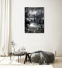 Etched — monochrome Victorian countryside landscape with epic sky, layered photographic canvas artwork by Durham J White. Feautured in a very clean refined living space.