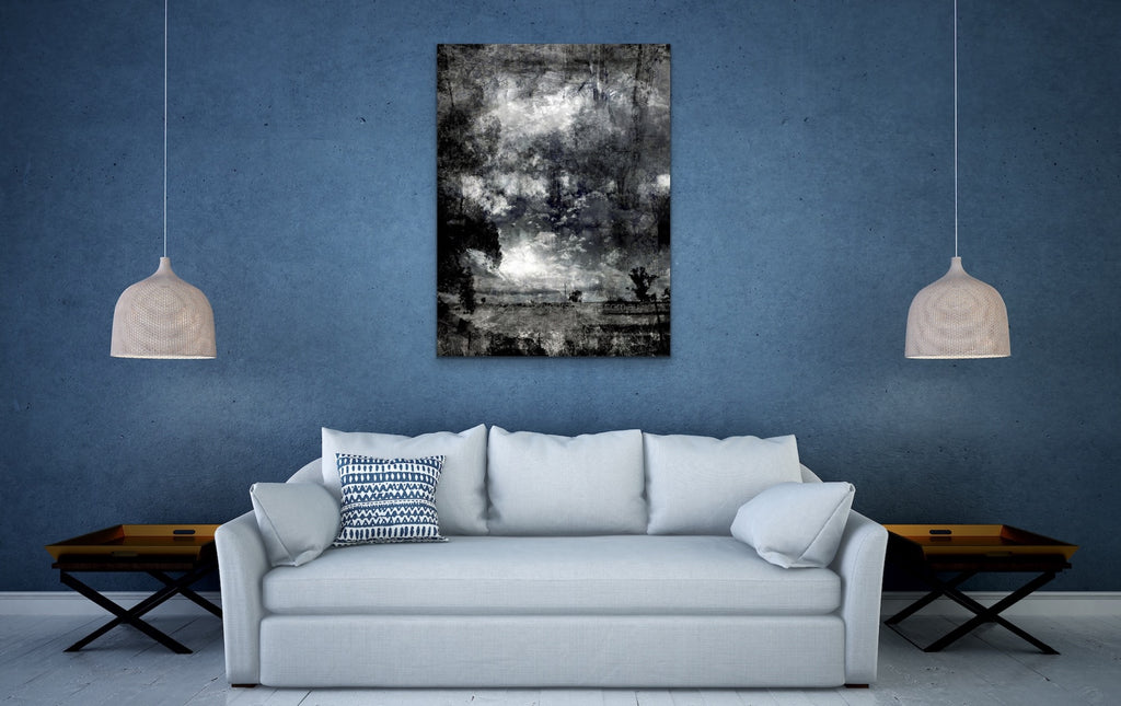 Etched — monochrome Victorian countryside landscape with epic sky, layered photographic canvas artwork by Durham J White in a refined blue interior
