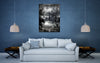Etched — monochrome Victorian countryside landscape with epic sky, layered photographic canvas artwork by Durham J White in a refined blue interior