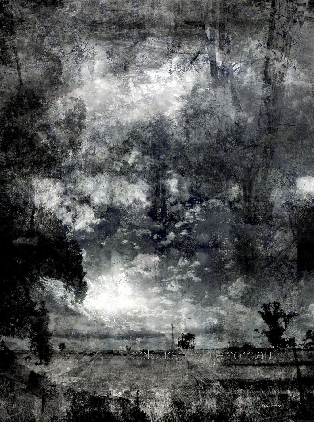 Etched — monochrome Victorian countryside landscape with epic sky, layered photographic canvas artwork by Durham J White