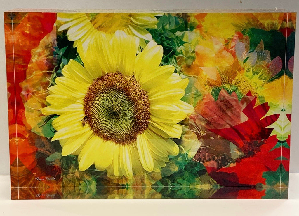 Colourful freestanding tile artwork featuring floral arrangement with FleuroSun sunflowers.