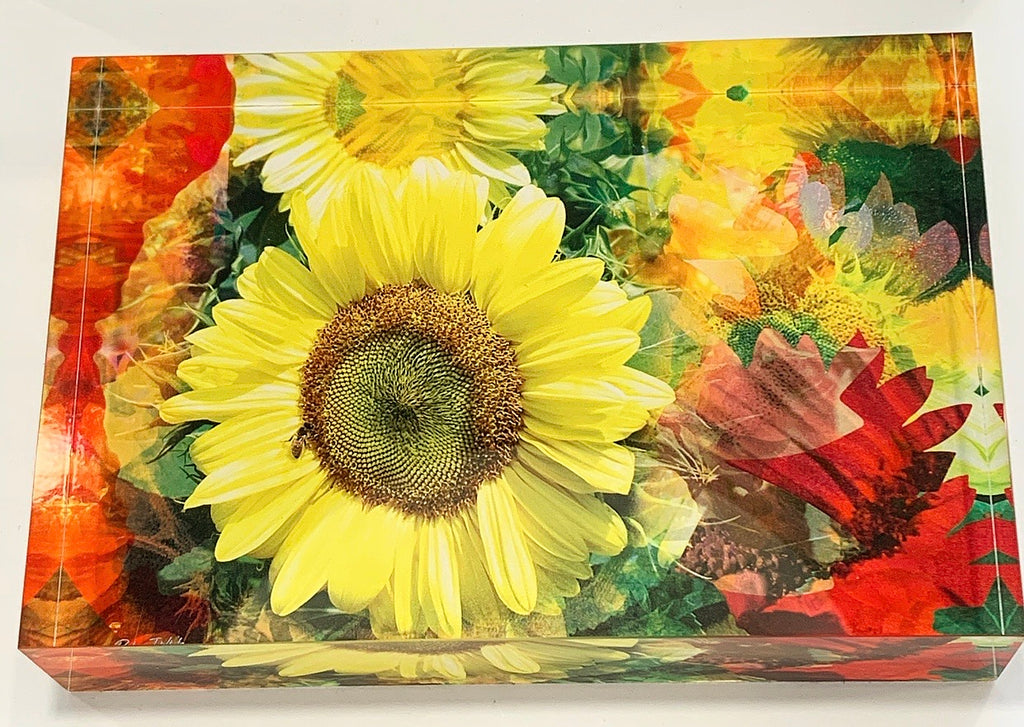 Colourful freestanding tile artwork featuring floral arrangement with FleuroSun sunflowers.