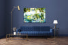  Glisten – Australian nature landscape by Durham J White. Sunlight catching lime and yellow leaves with a heritage cottage dissolving into a luminous layered photographic composition. Feature artwork on a large contemporary lilac blue wall.